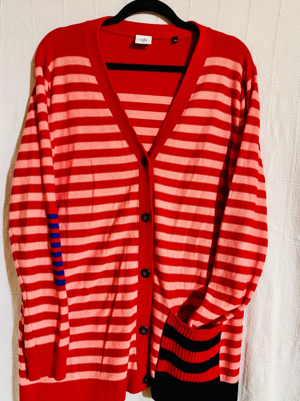 CAbi Red and Ponk Striped Button Cardigan with Black Cuff Detail